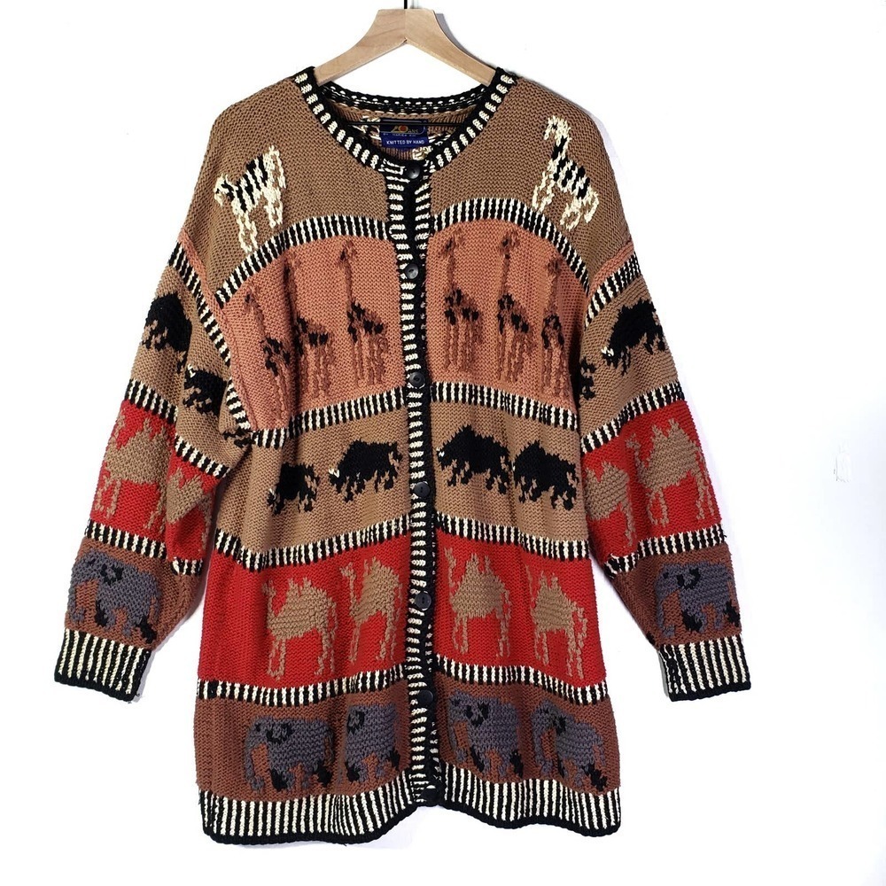 Hand Knit Animal Sweater Cardigan M? Giraffe Elephant Camel Red‎ Tan